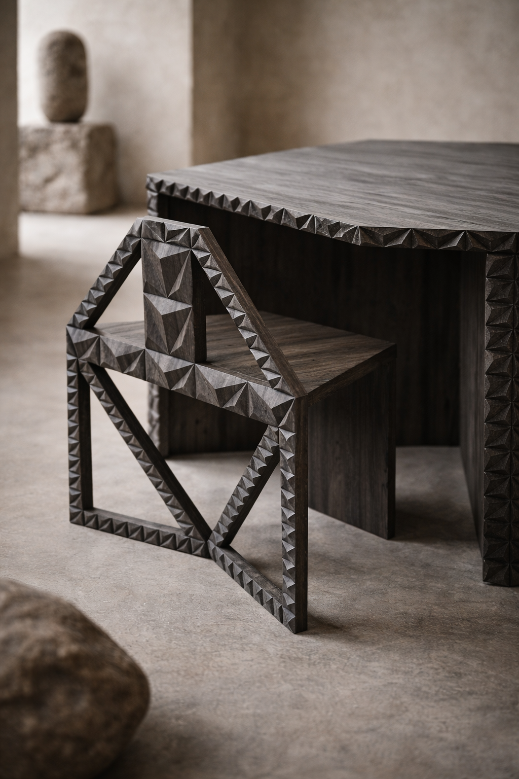 Hexagon Illusion Table and Chairs Set Made of Solid Teakwood