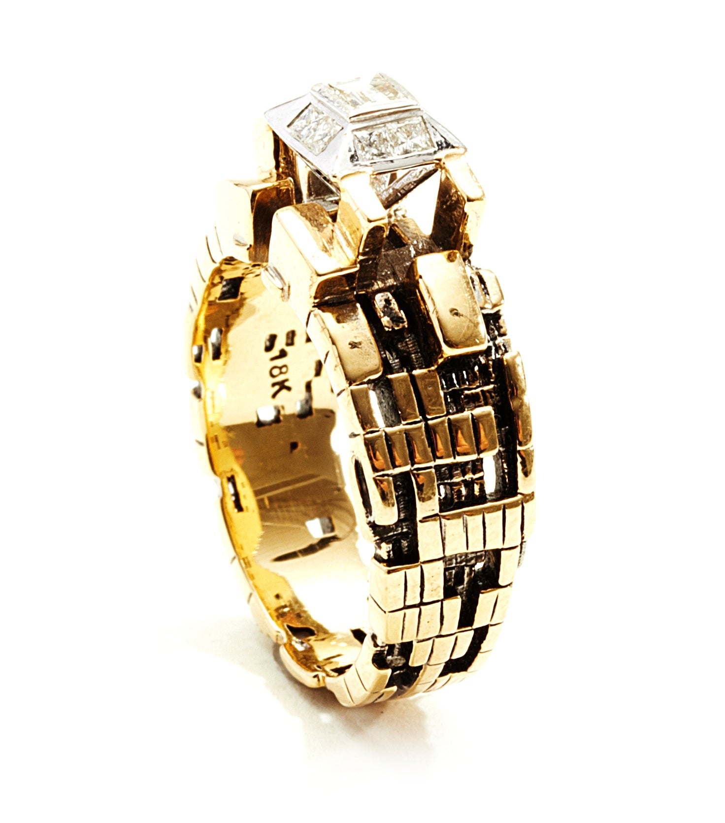 Bitcoin Blockchain Torus 18k Gold Ring with Center Baguette Diamond
