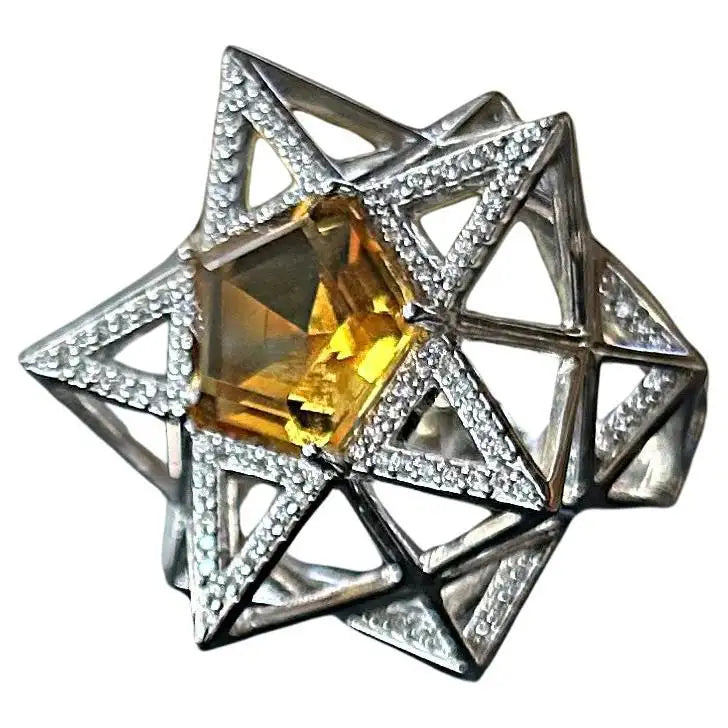 One of a Kind Star Diamond and Citrine 18K White Gold Ring