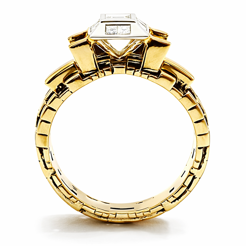 Bitcoin Blockchain Torus 18k Gold Ring with Center Baguette Diamond
