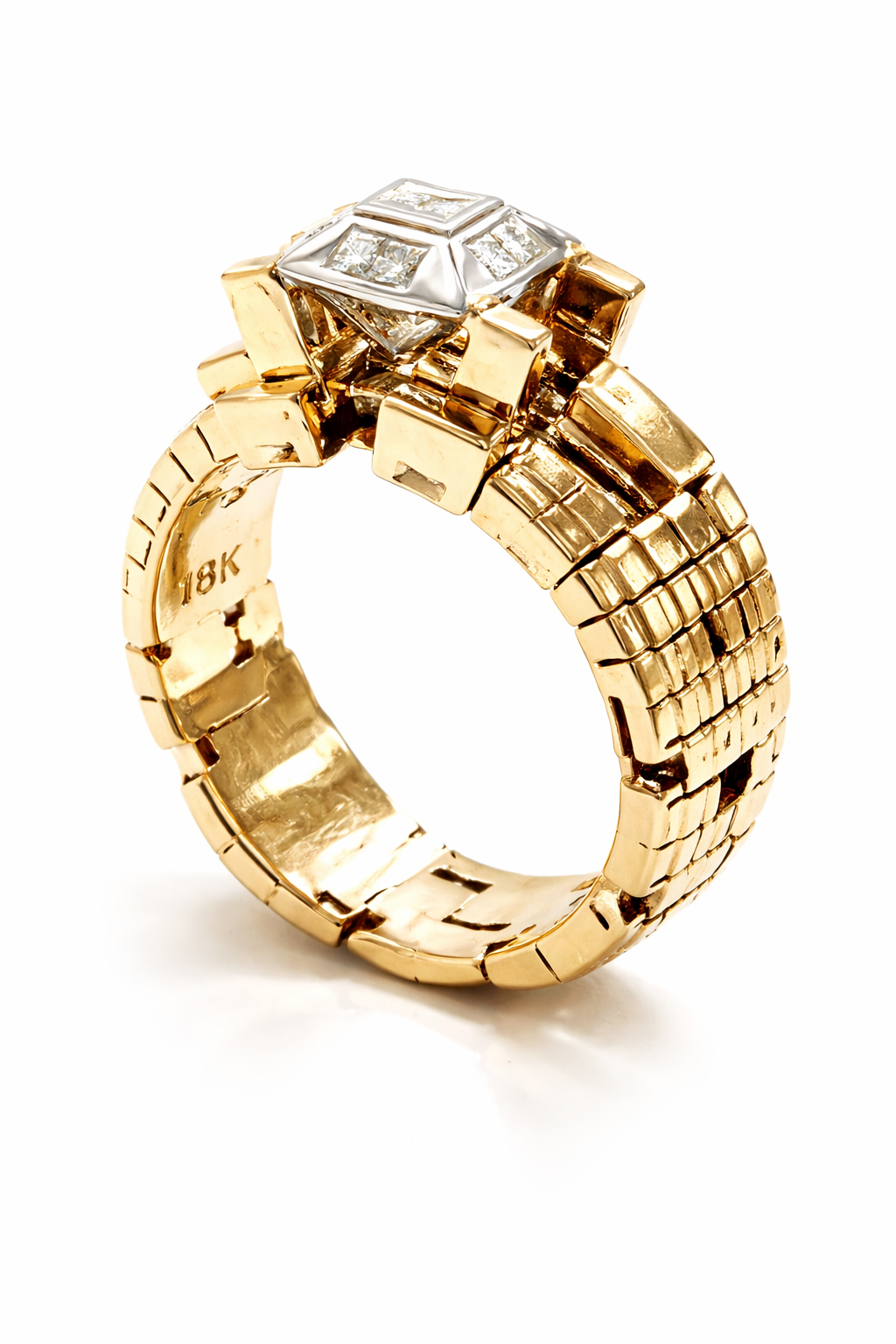 Bitcoin Blockchain Torus 18k Gold Ring with Center Baguette Diamond
