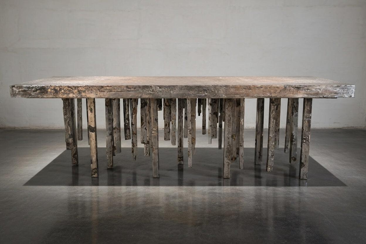 One of a Kind Solid Zinc and Petrified Wood Waterfall Sculptural Dining Table