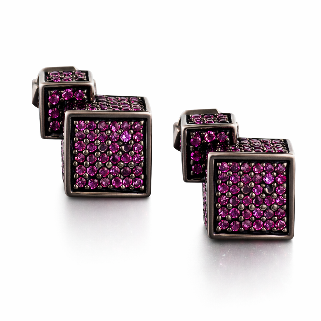 Fractality Cubes Ruby Stud Silver Earrings