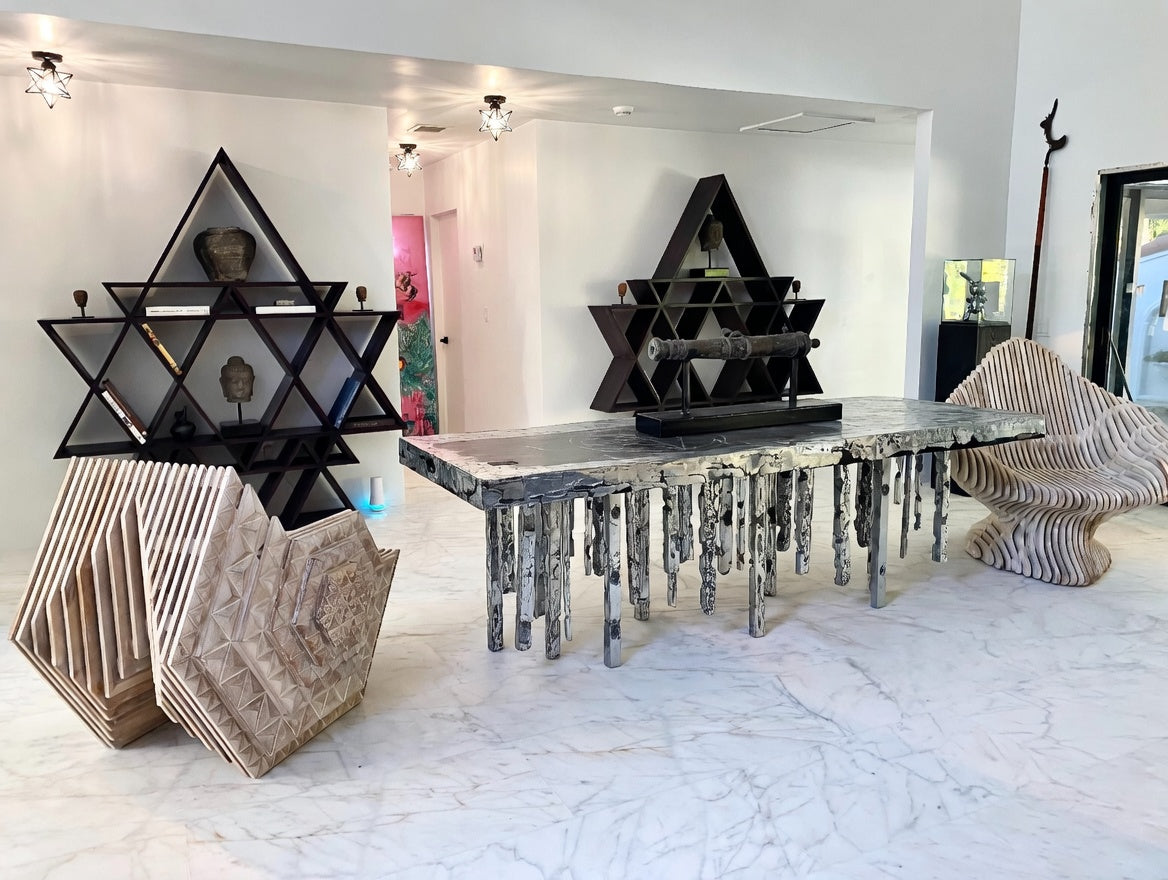 Geometric Fractal Bookshelf Made of Solid Teakwood