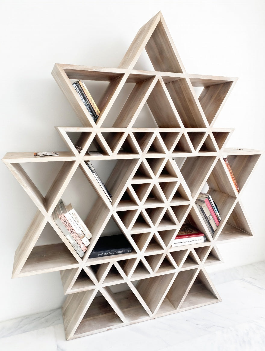 Geometric Fractal Bookshelf Made of Solid Teakwood