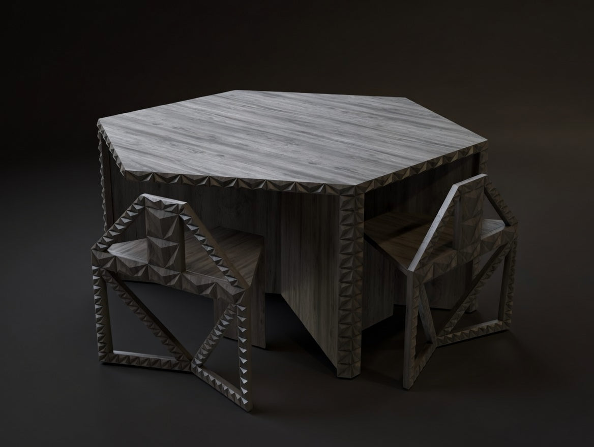 Hexagon Illusion Table and Chairs Set Made of Solid Teakwood