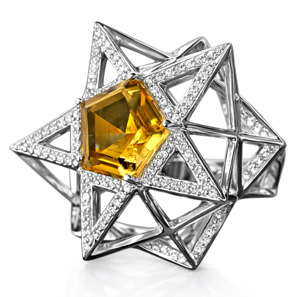 One of a Kind Star Diamond and Citrine 18K White Gold Ring