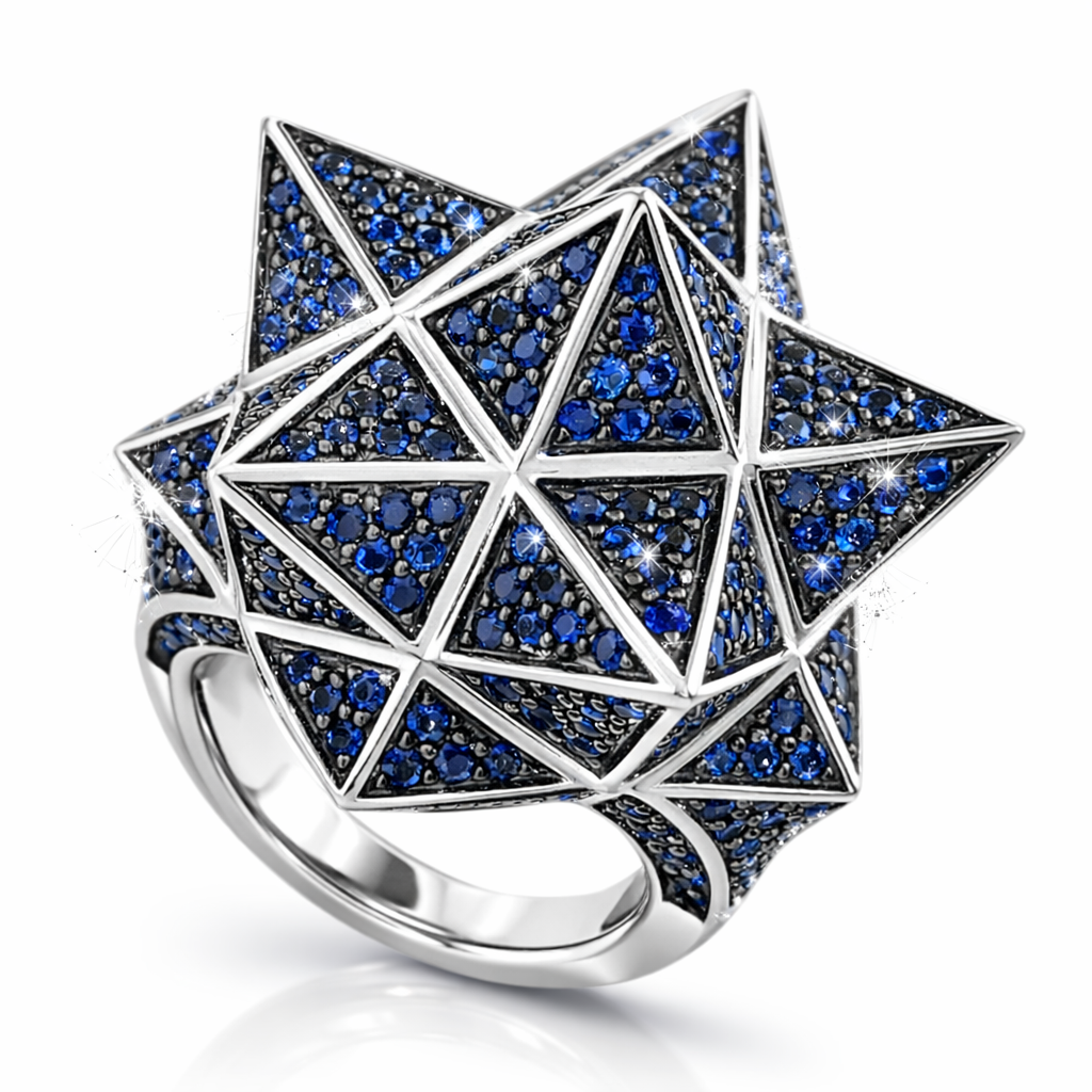 Tetra Full Pave Blue Sapphire Silver Star Ring