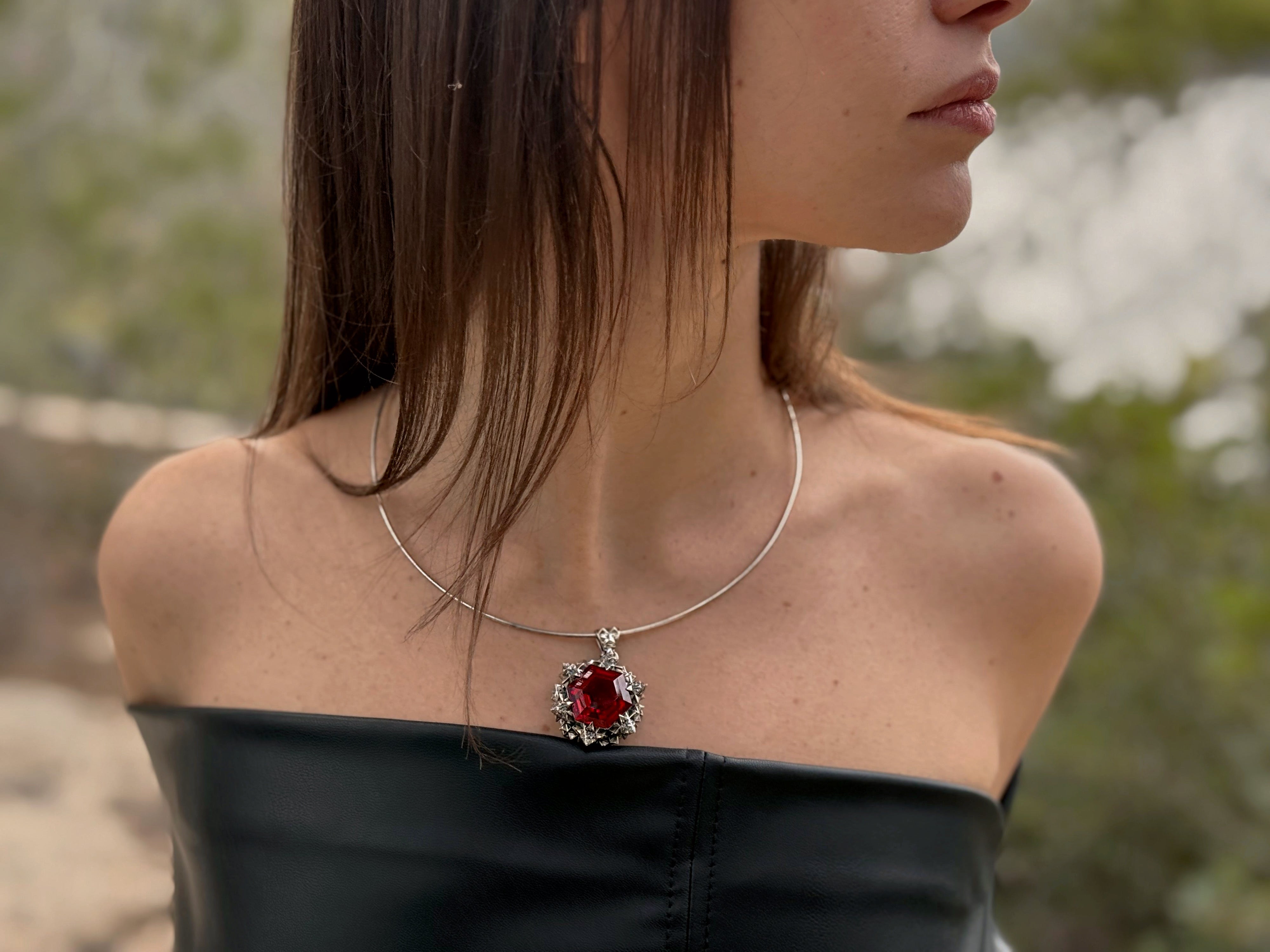 Thoscene Garnet and Sterling Silver Love Pendant Necklace