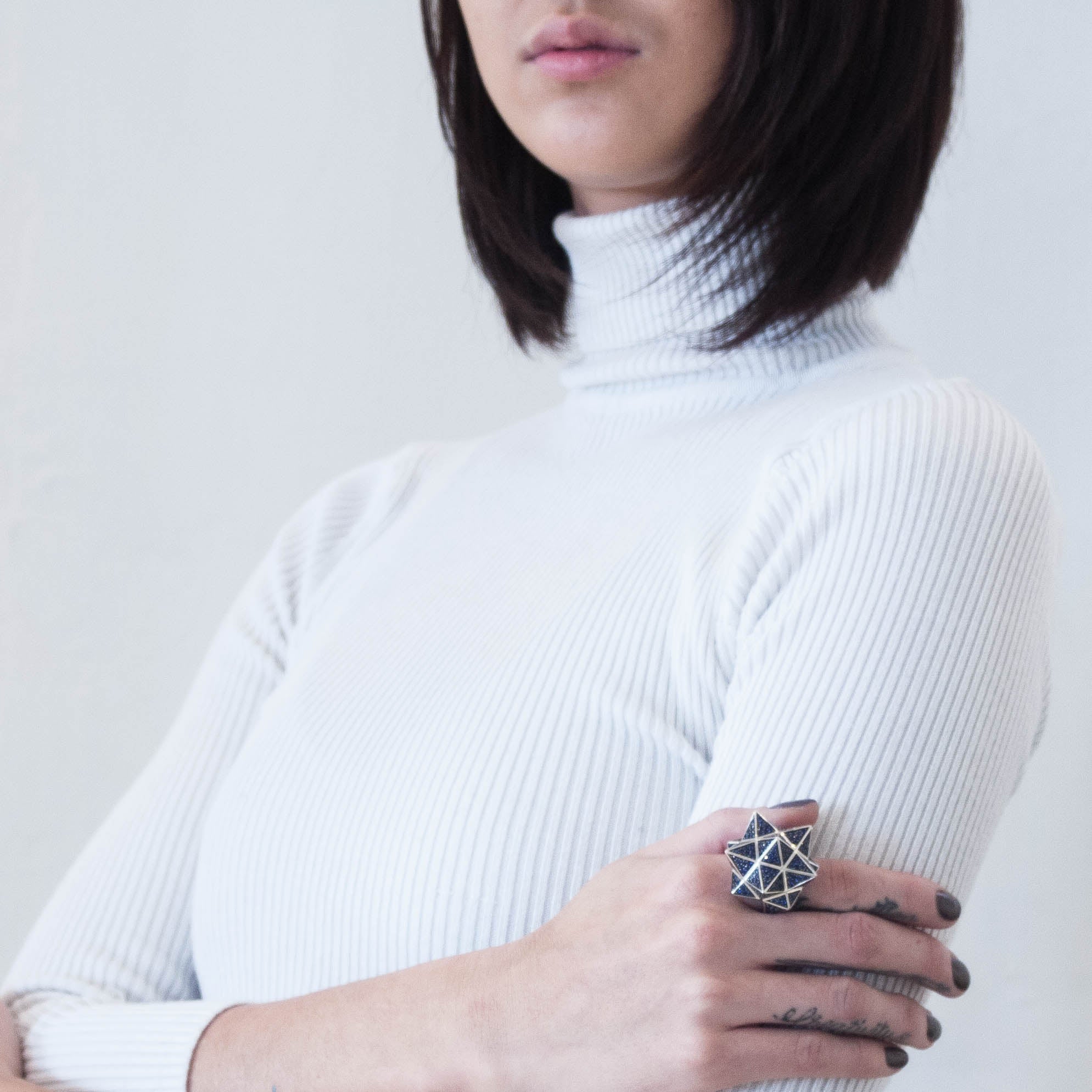 Tetra Full Pave Blue Sapphire Silver Star Ring - John Brevard