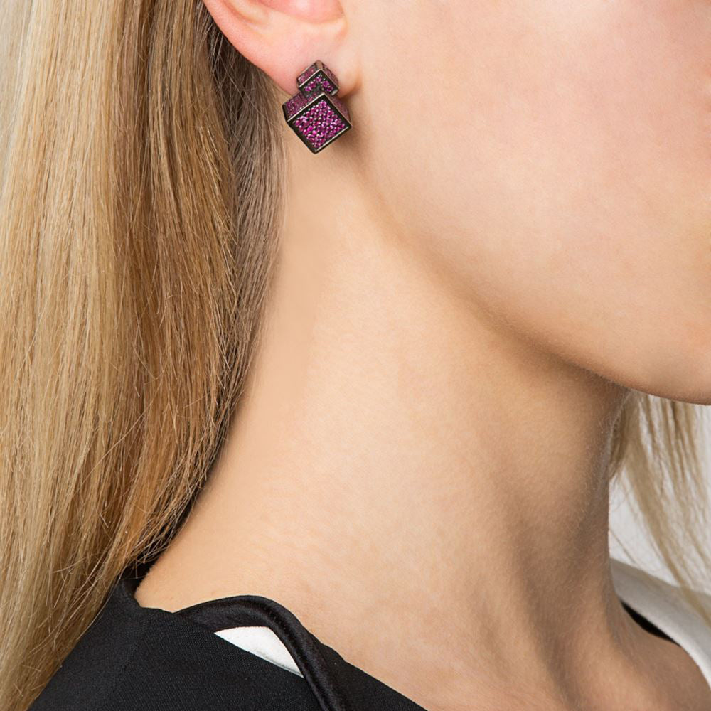 Fractality Cubes Ruby Stud Silver Earrings - John Brevard