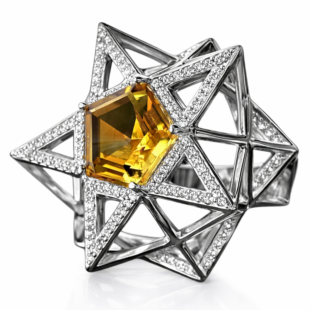 One of a Kind Star Diamond and Citrine 18K White Gold Ring