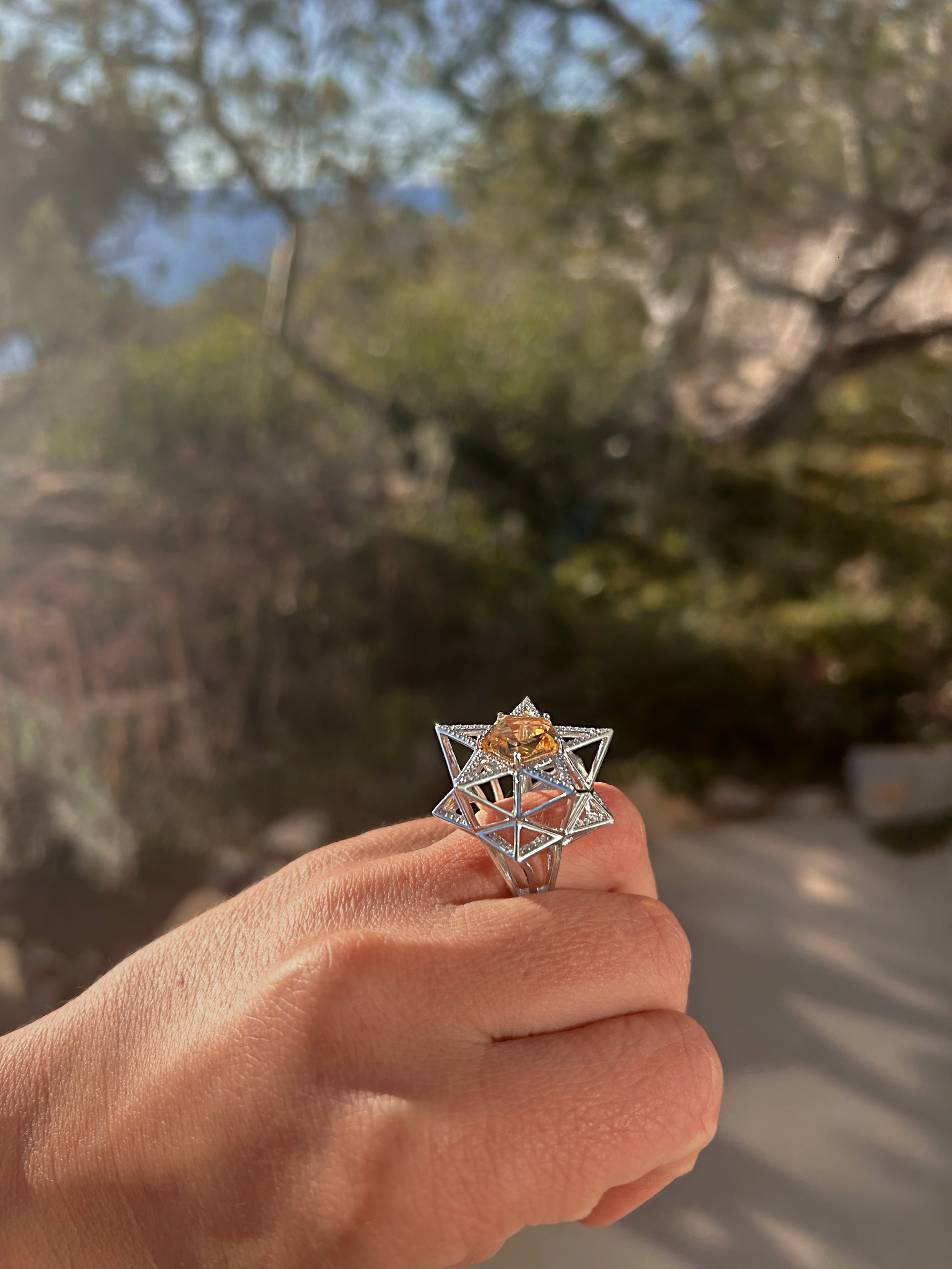 One of a Kind Star Diamond and Citrine 18K White Gold Ring