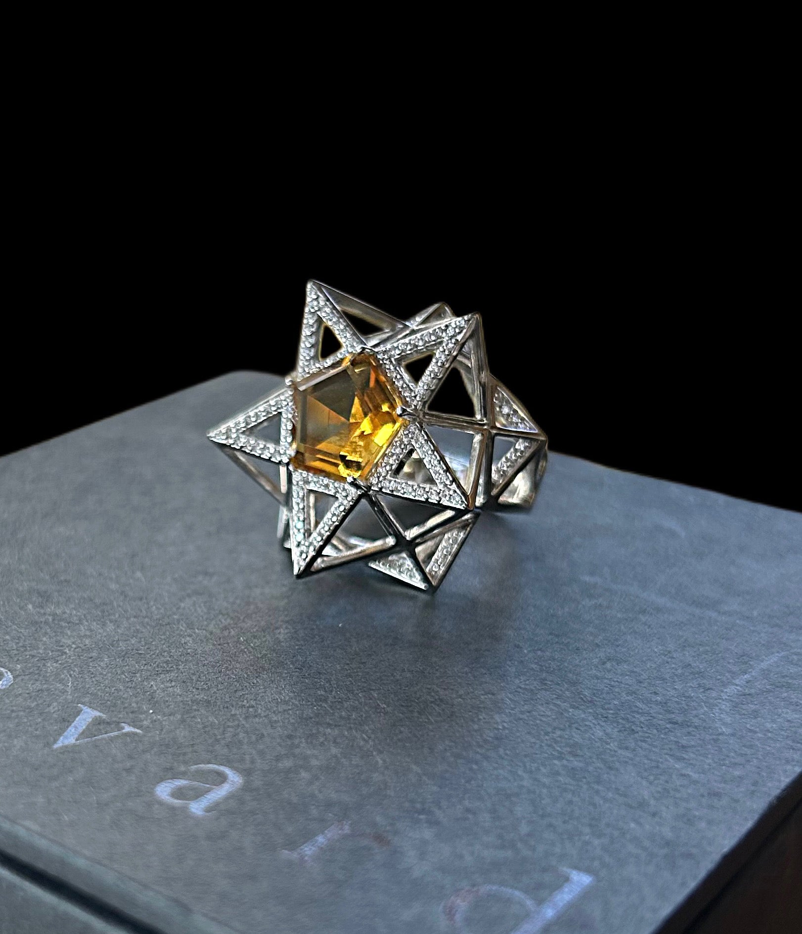 One of a Kind Star Diamond and Citrine 18K White Gold Ring