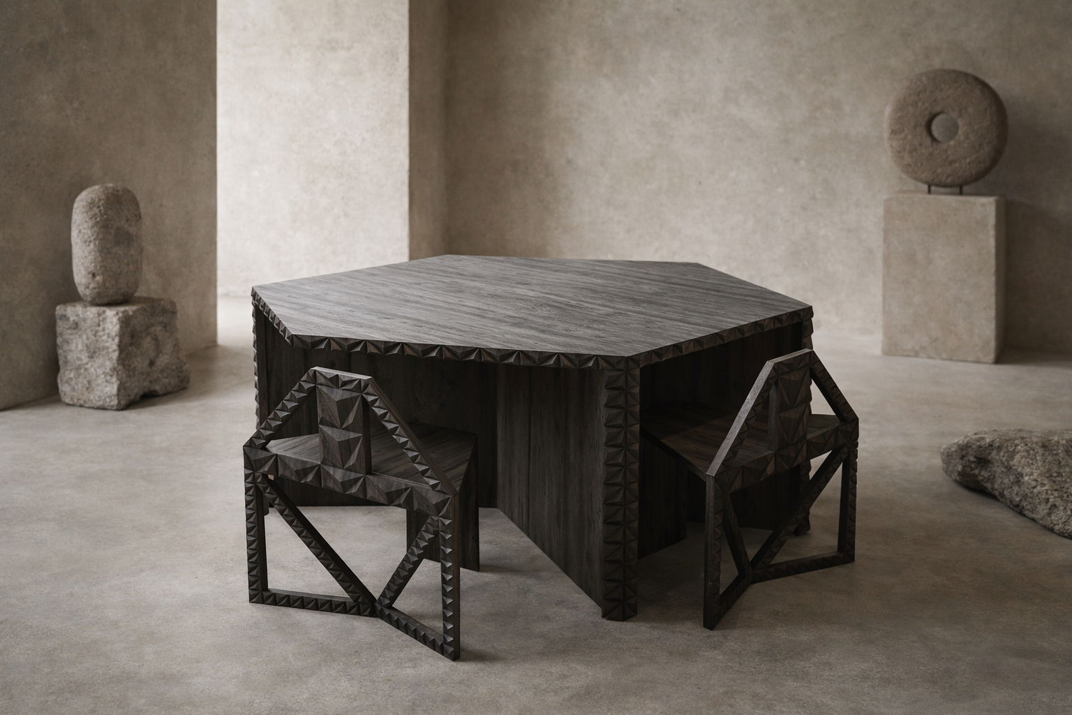 Hexagon Illusion Table and Chairs Set Made of Solid Teakwood
