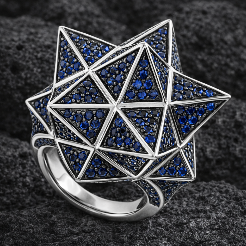 Tetra Full Pave Blue Sapphire Silver Star Ring
