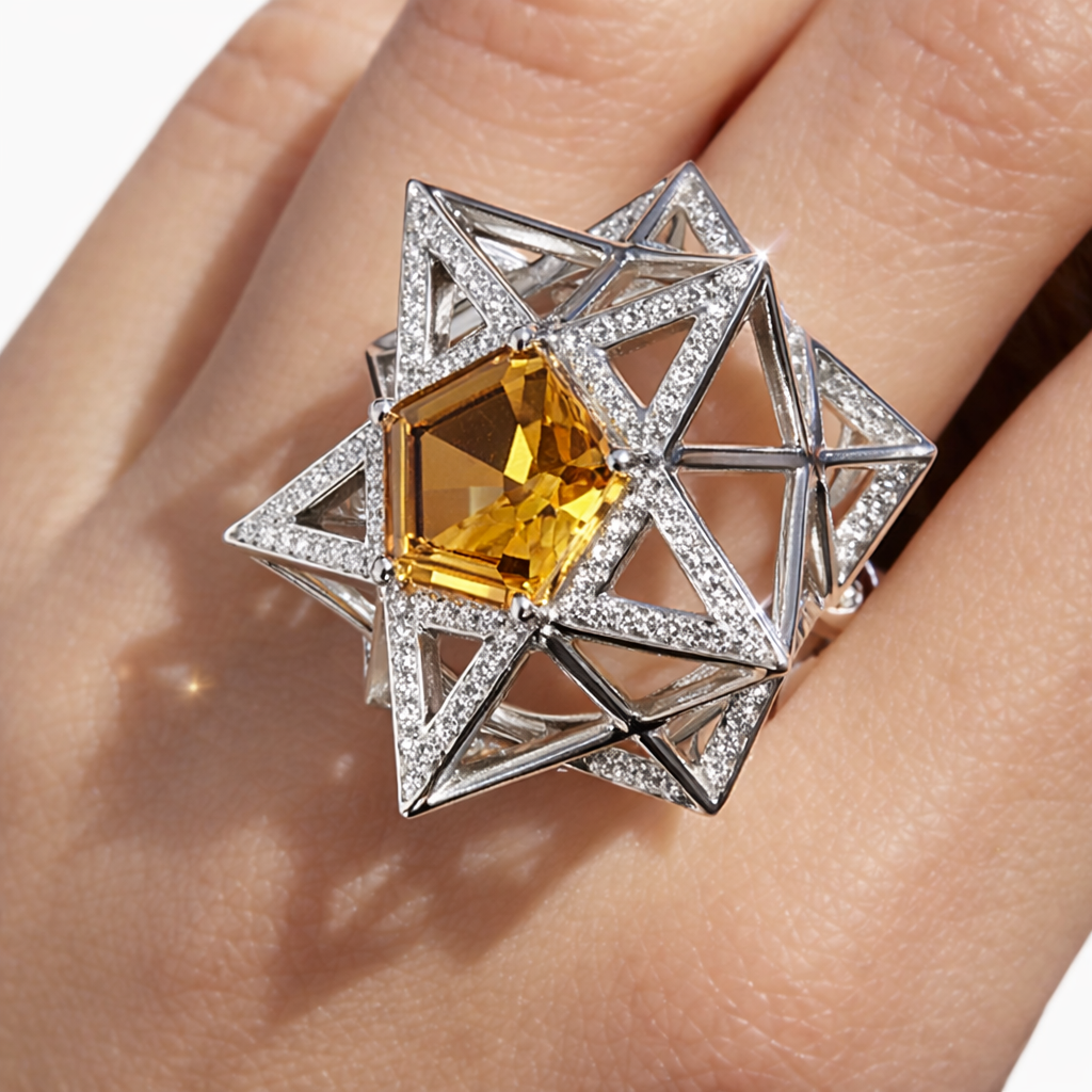 One of a Kind Star Diamond and Citrine 18K White Gold Ring