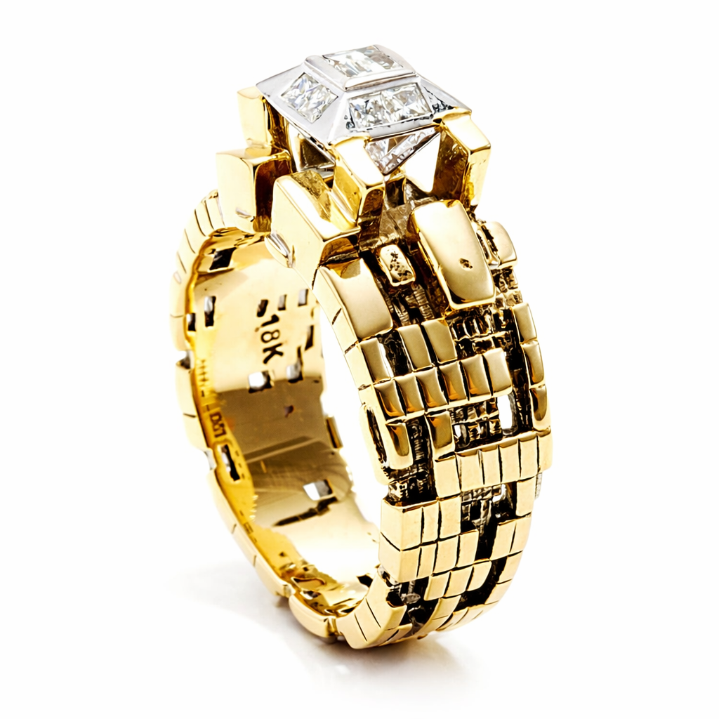 Bitcoin Blockchain Torus 18k Gold Ring with Center Baguette Diamond