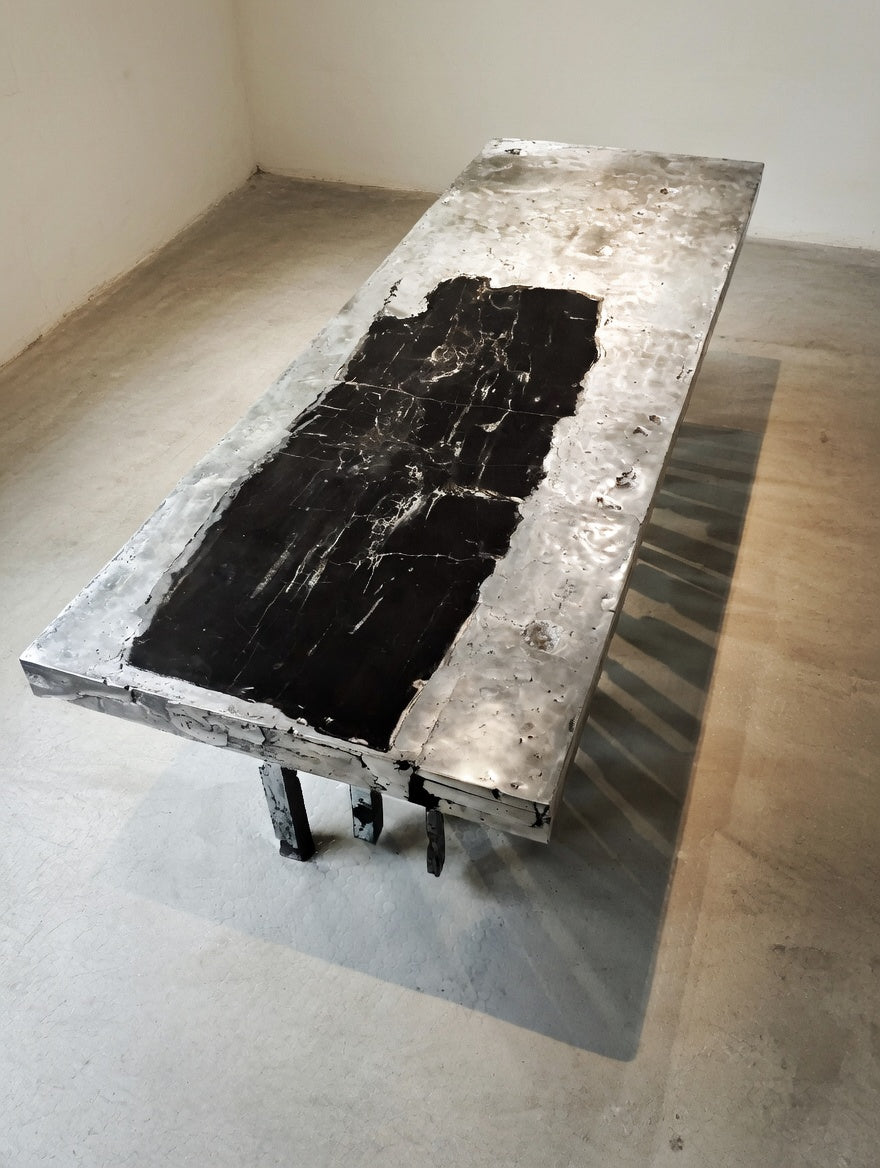 One of a Kind Solid Zinc and Petrified Wood Waterfall Sculptural Dining Table