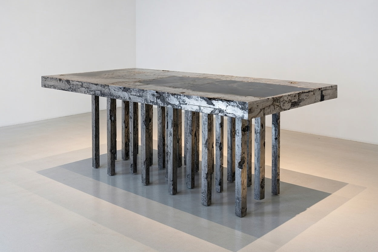 One of a Kind Solid Zinc and Petrified Wood Waterfall Sculptural Dining Table