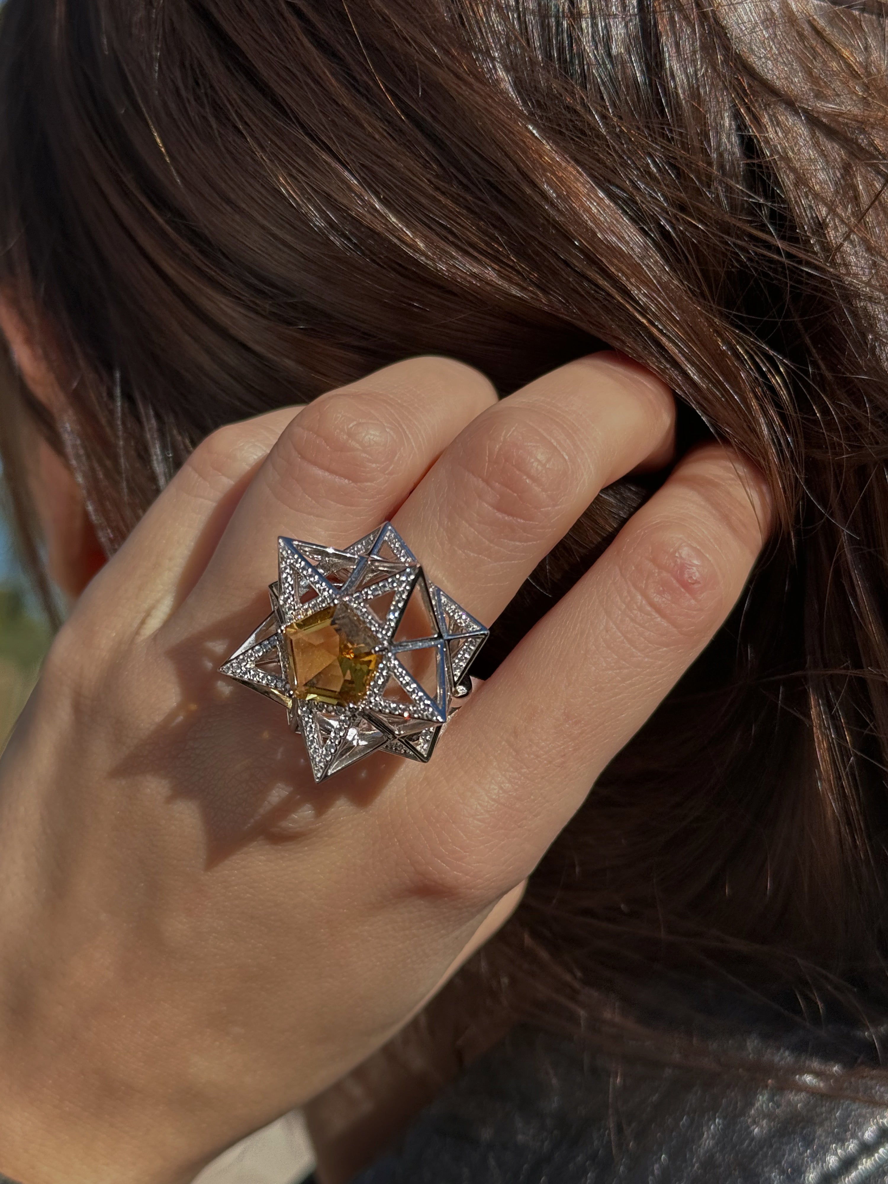 One of a Kind Star Diamond and Citrine 18K White Gold Ring