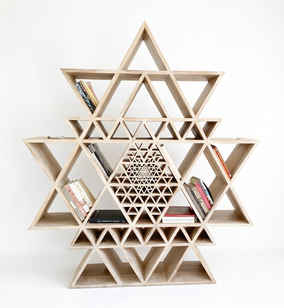 Geometric Fractal Bookshelf Made of Solid Teakwood