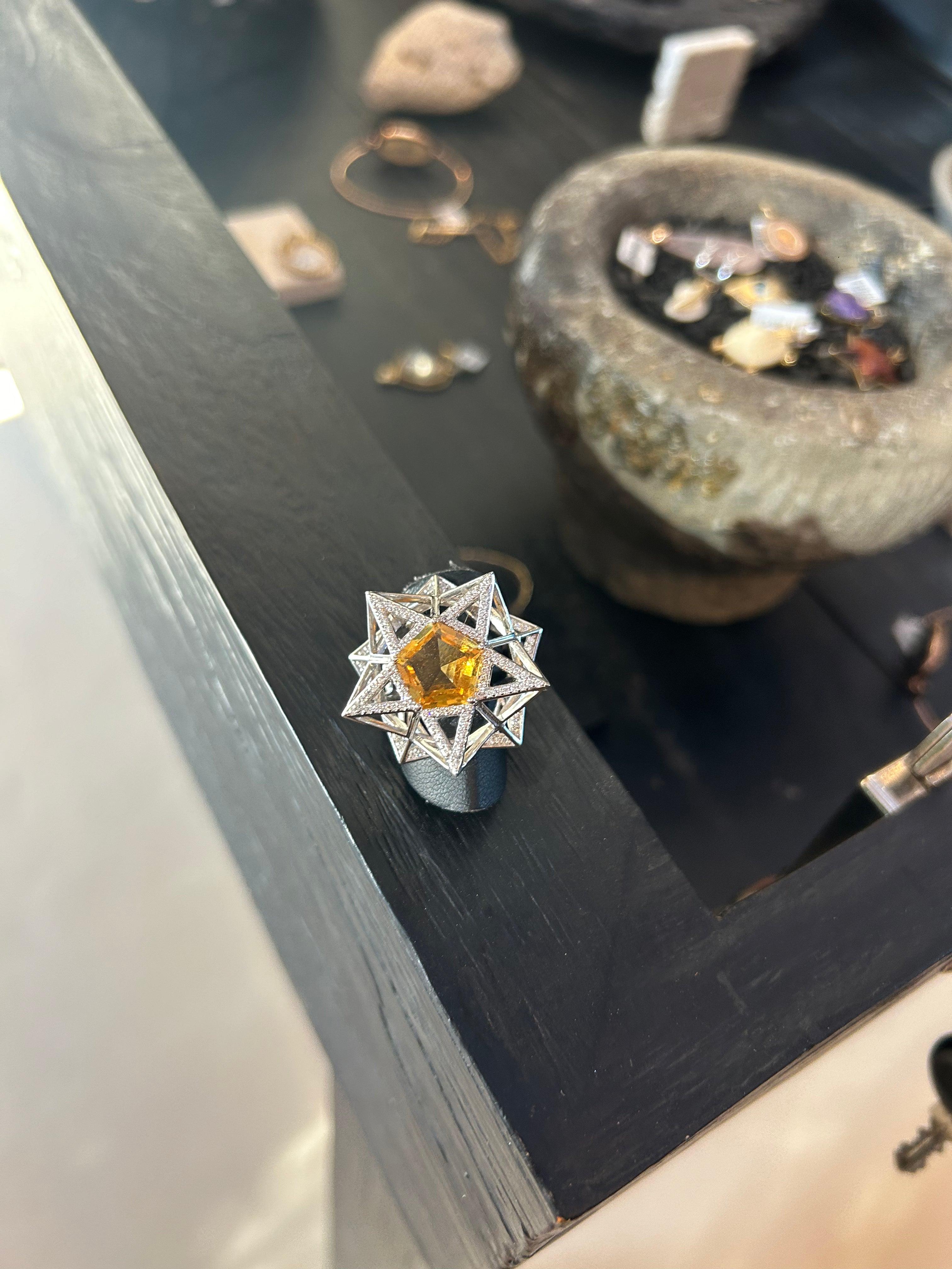 One of a Kind Star Diamond and Citrine 18K White Gold Ring