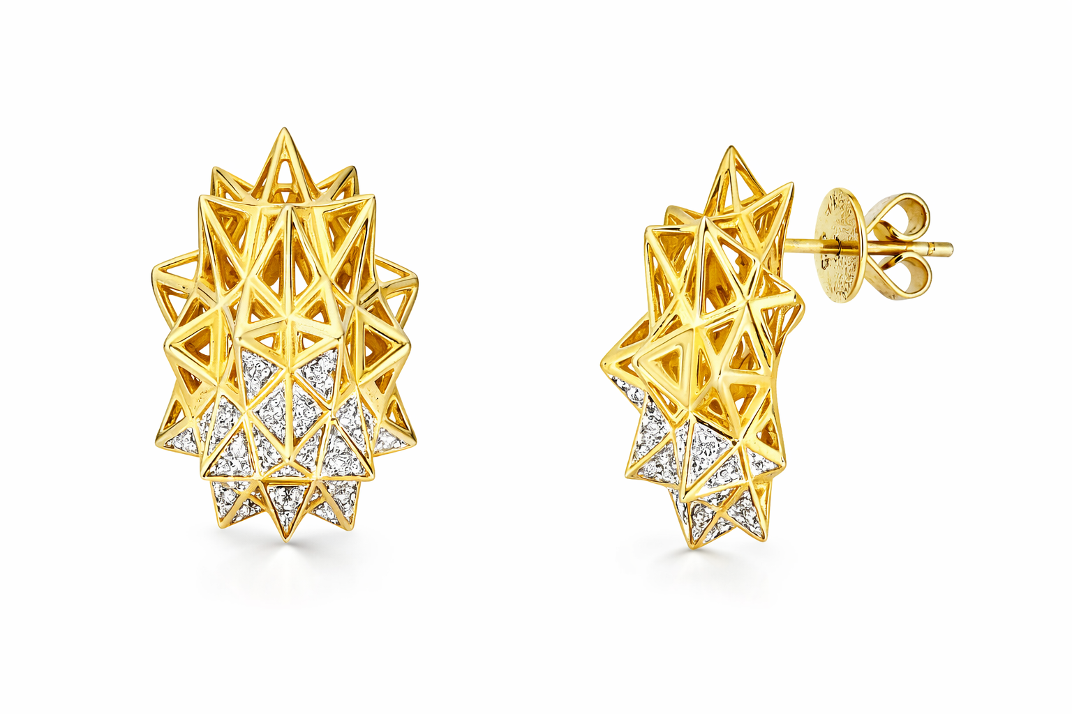 Stellated Stud Diamond and 18k Gold Earring