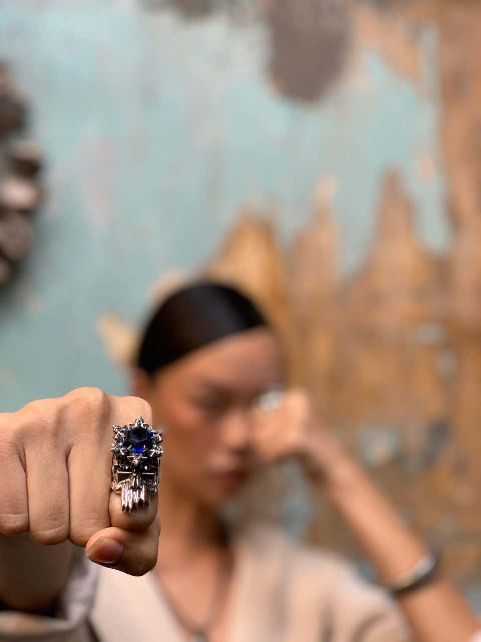 Deep Blue Sapphire Momento Mori Skull Ring - John Brevard