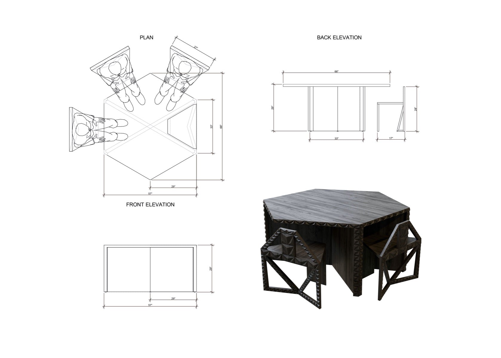 Hexagon Illusion Table and Chairs Set Made of Solid Teakwood - John Brevard