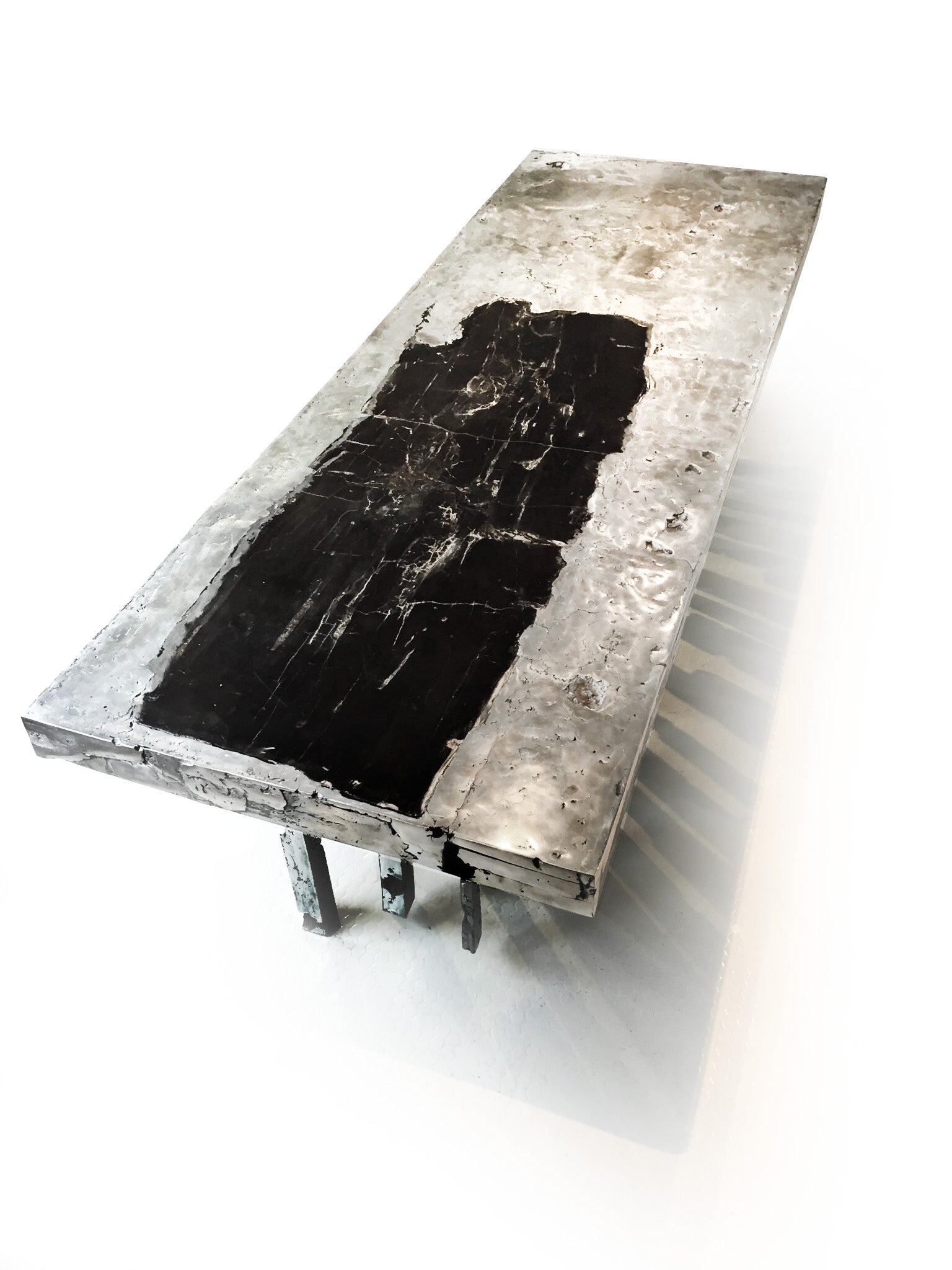 One of a Kind Solid Zinc and Petrified Wood Waterfall Sculptural Dining Table - John Brevard