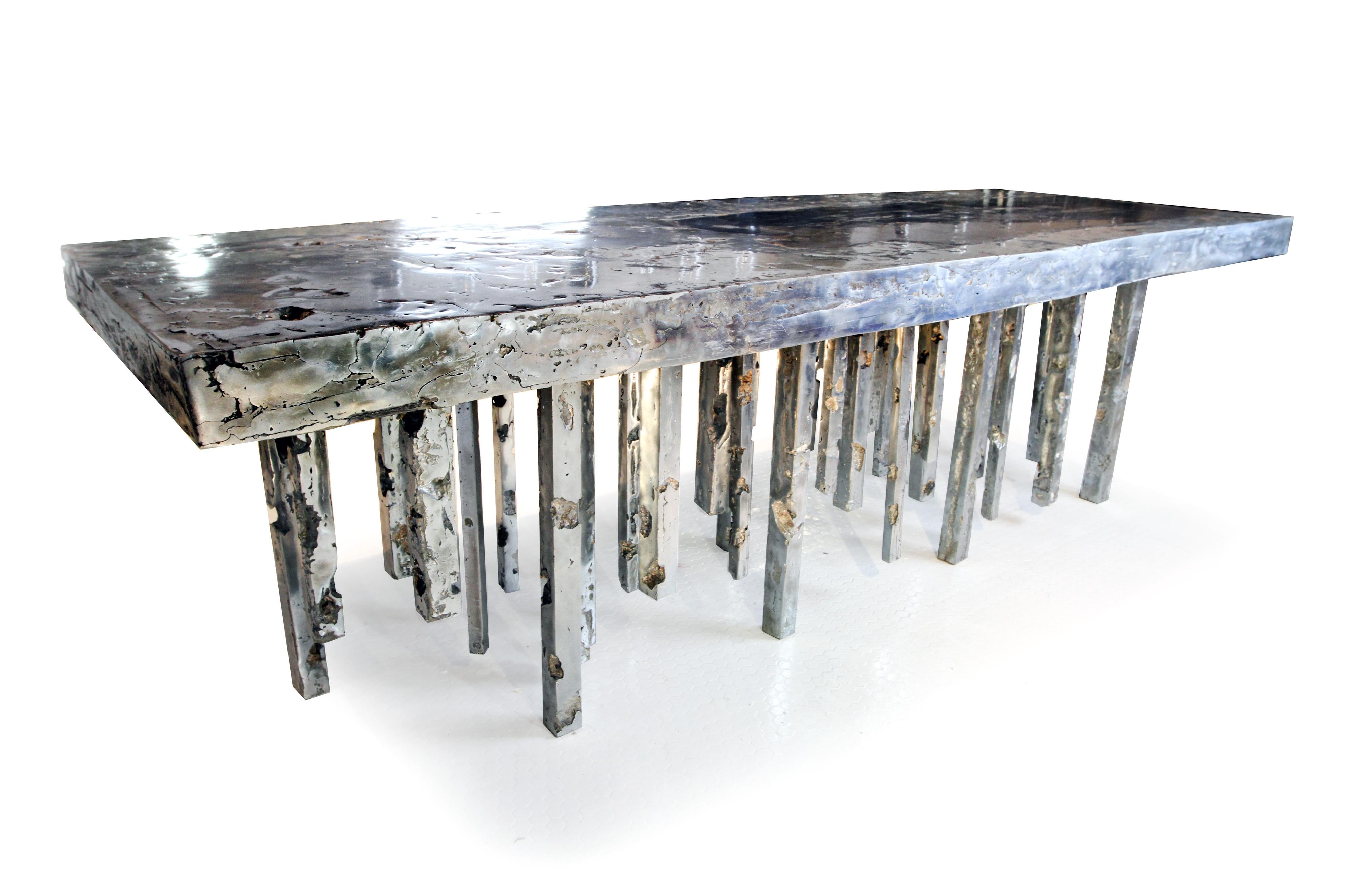 One of a Kind Solid Zinc and Petrified Wood Waterfall Sculptural Dining Table - John Brevard