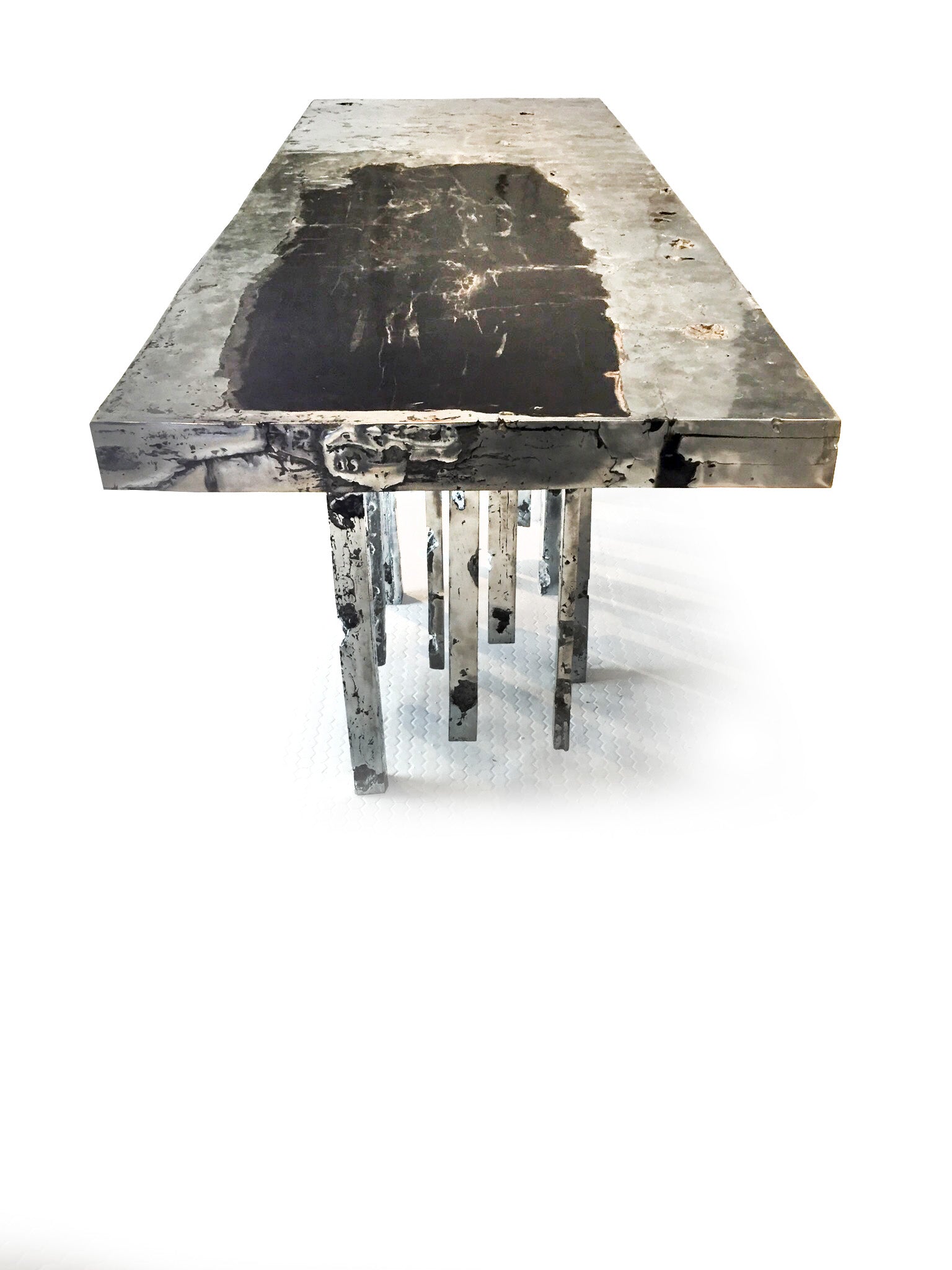 One of a Kind Solid Zinc and Petrified Wood Waterfall Sculptural Dining Table - John Brevard