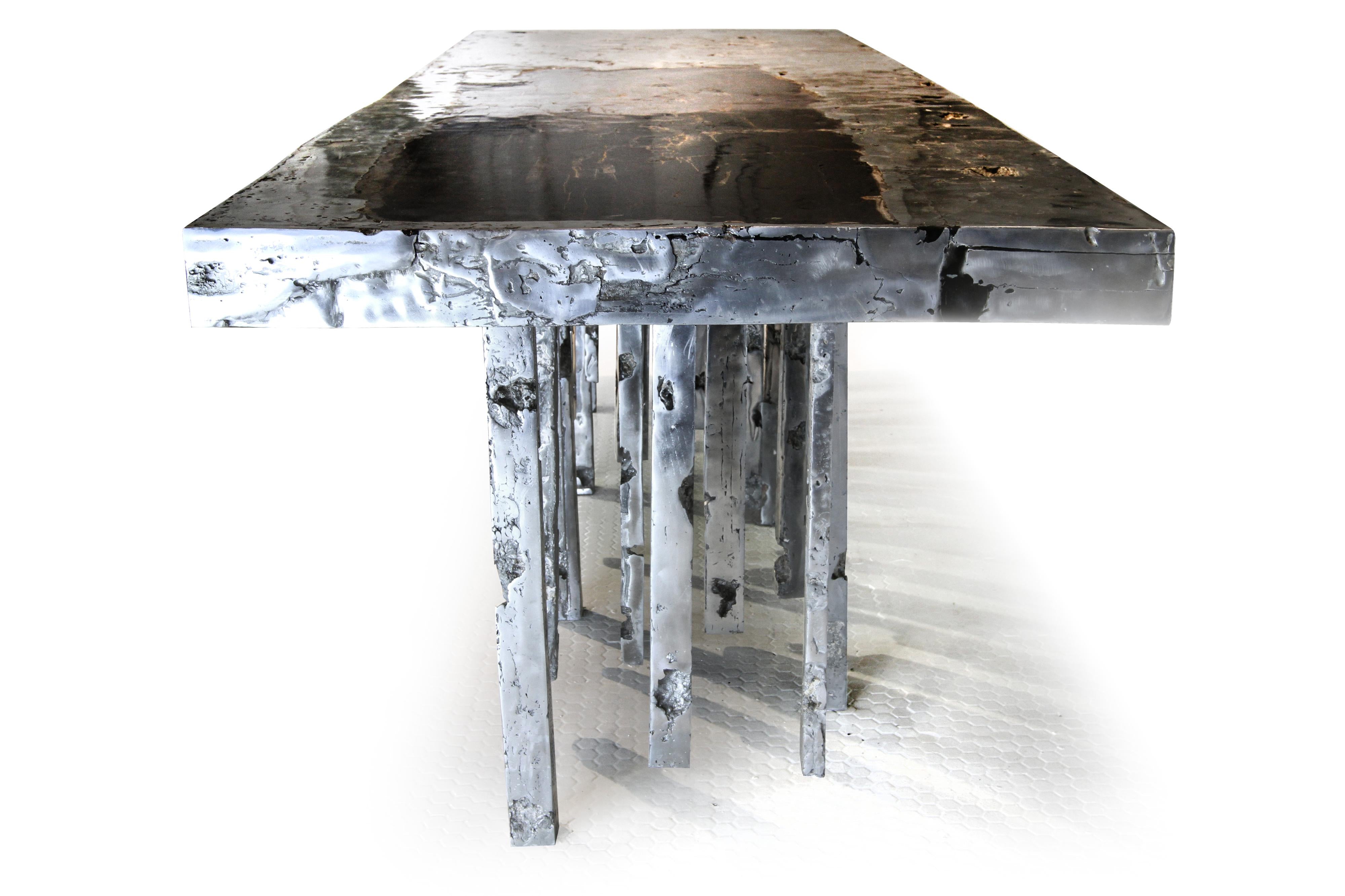 One of a Kind Solid Zinc and Petrified Wood Waterfall Sculptural Dining Table - John Brevard