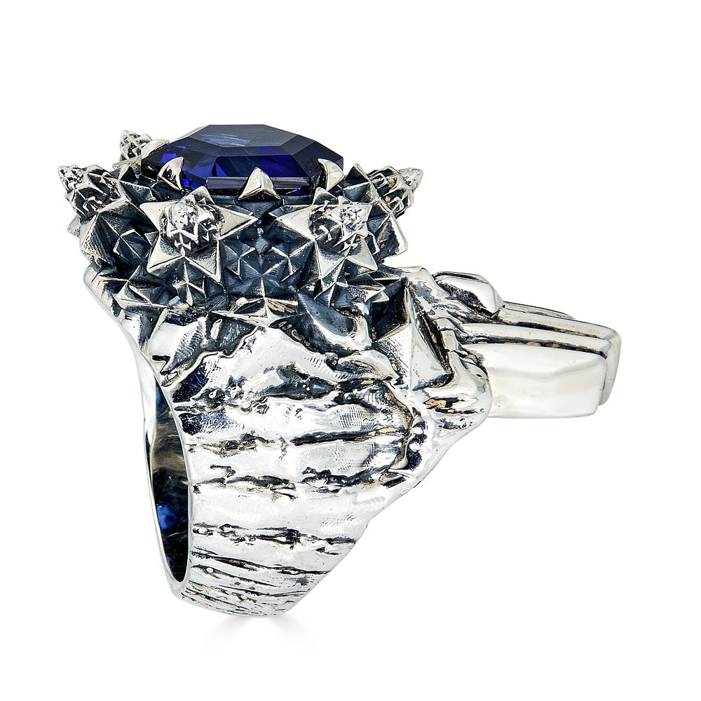 Deep Blue Sapphire Momento Mori Skull Ring - John Brevard